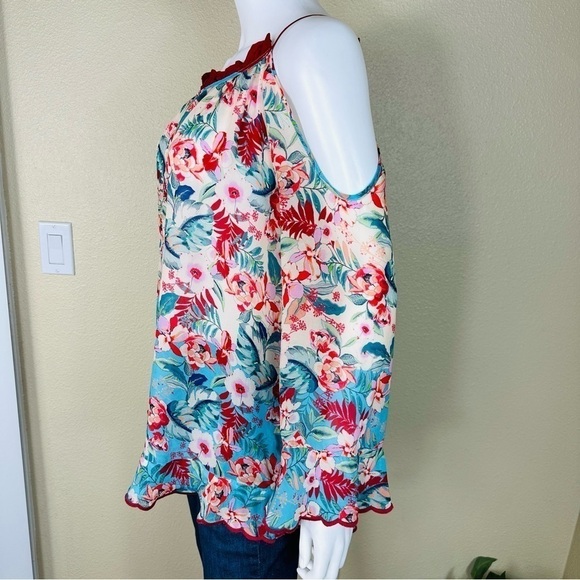 JOHNNY WAS Sz S Top Blue Floral Print Cold Shoulder - Picture 8 of 13